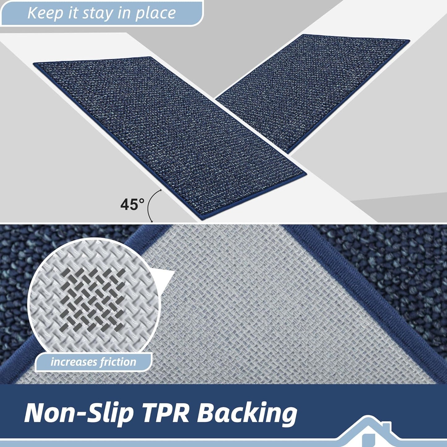 BEQHAUSE Kitchen Runner Rugs 24"x60", Non-Slip Kitchen Mats for Floor, Super Absorbent and Stain Resistant Kitchen Rug, Machine Washable Rugs for Kitchen, Hallway, Laundry & Sink, Blue