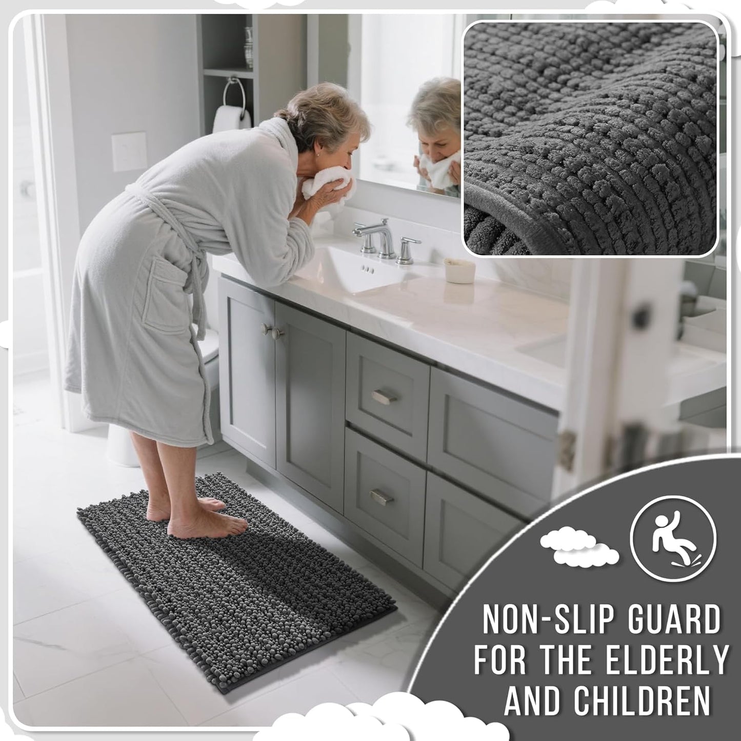 Yimobra Bathroom Runner Rug 55x24 Inch - Extra Long Non Slip Chenille Bath Mat, Soft & Absorbent, Machine Washable Shaggy Hallway Carpet for Vanity Tub Shower, Dark Gray Home Decor Accessories
