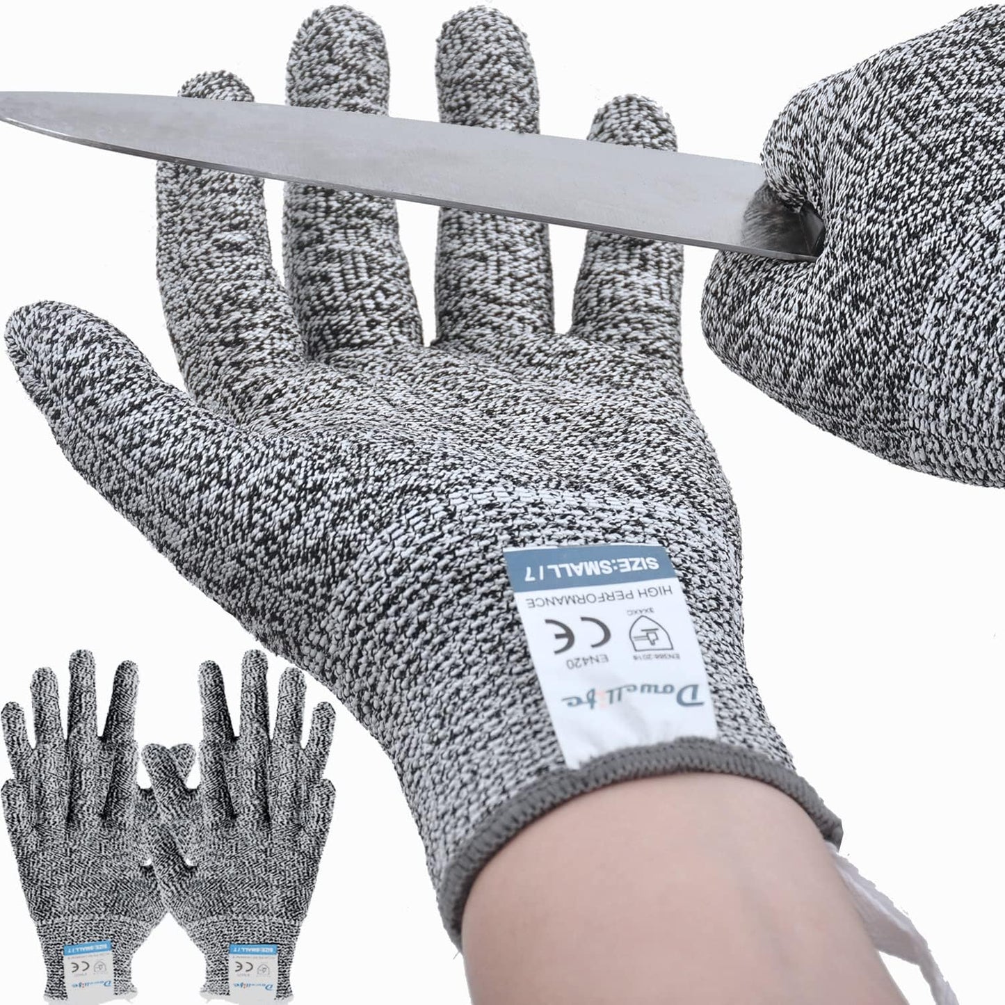 Dowellife 3 Pairs Cut Resistant Gloves Food Grade Level 5 Protection, Safety Kitchen Cuts Gloves for Mandolin Slicing, Fish Fillet, Oyster Shucking, Meat Cutting and Wood Carving (Black Gray, Large)