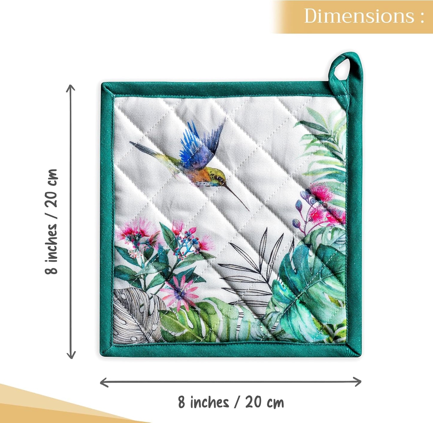 Maison d' Hermine Pot Holders 100% Cotton Heat Resistant Potholders 8" x 8" Hot Pads with Loop BBQ, Cooking, Baking, Grilling, Kitchen, Handling Hot Pans Spring/Summer (Pack of 1, Tropiques)