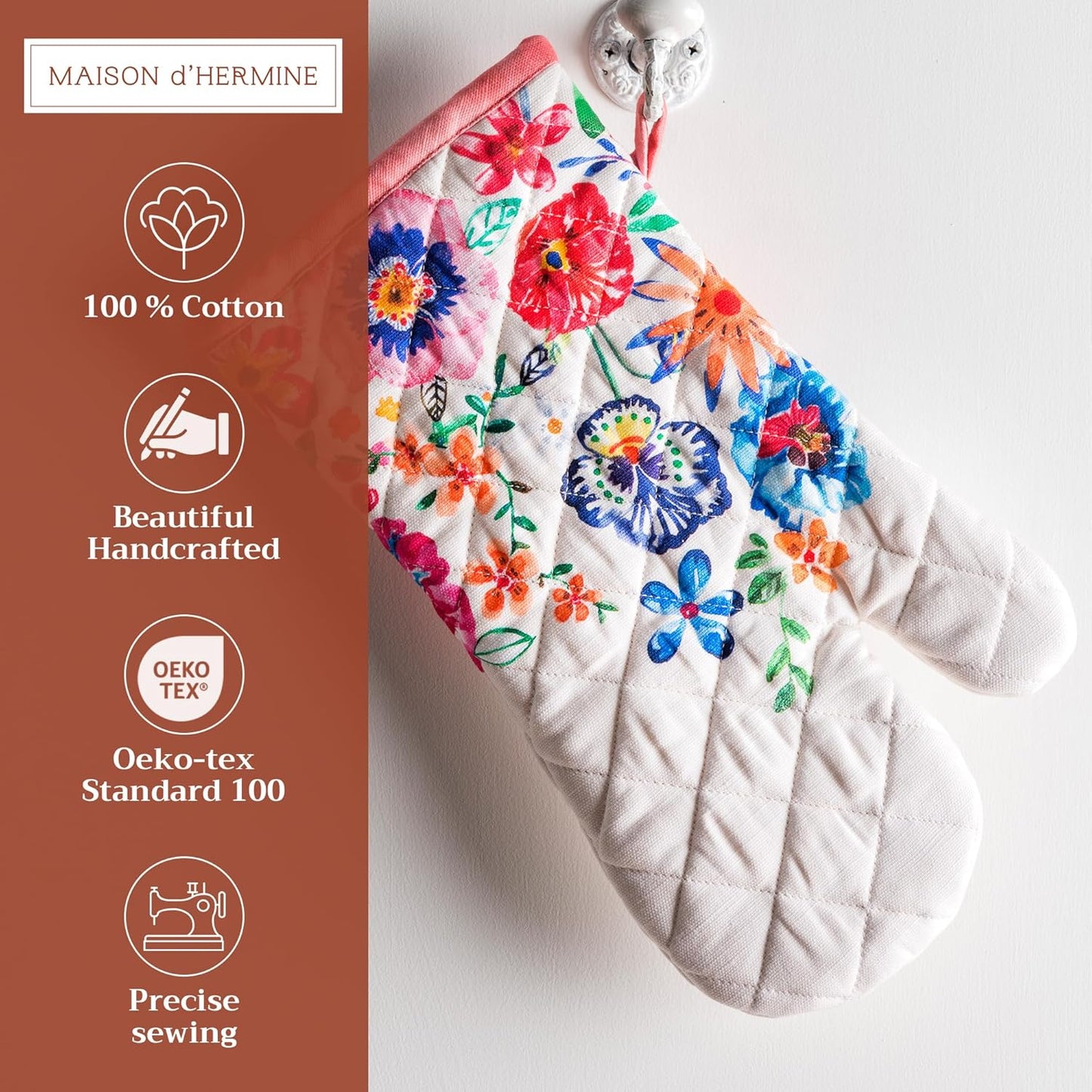 Maison d' Hermine Oven Gloves 100% Cotton Oven Mitt 7" x 13" with Loop Heat Resistant, BBQ, Cooking Gloves, Grilling, Kitchen, Handling Hot Pans Spring/Summer (Pack of 1, Happy Florals - High Summer)