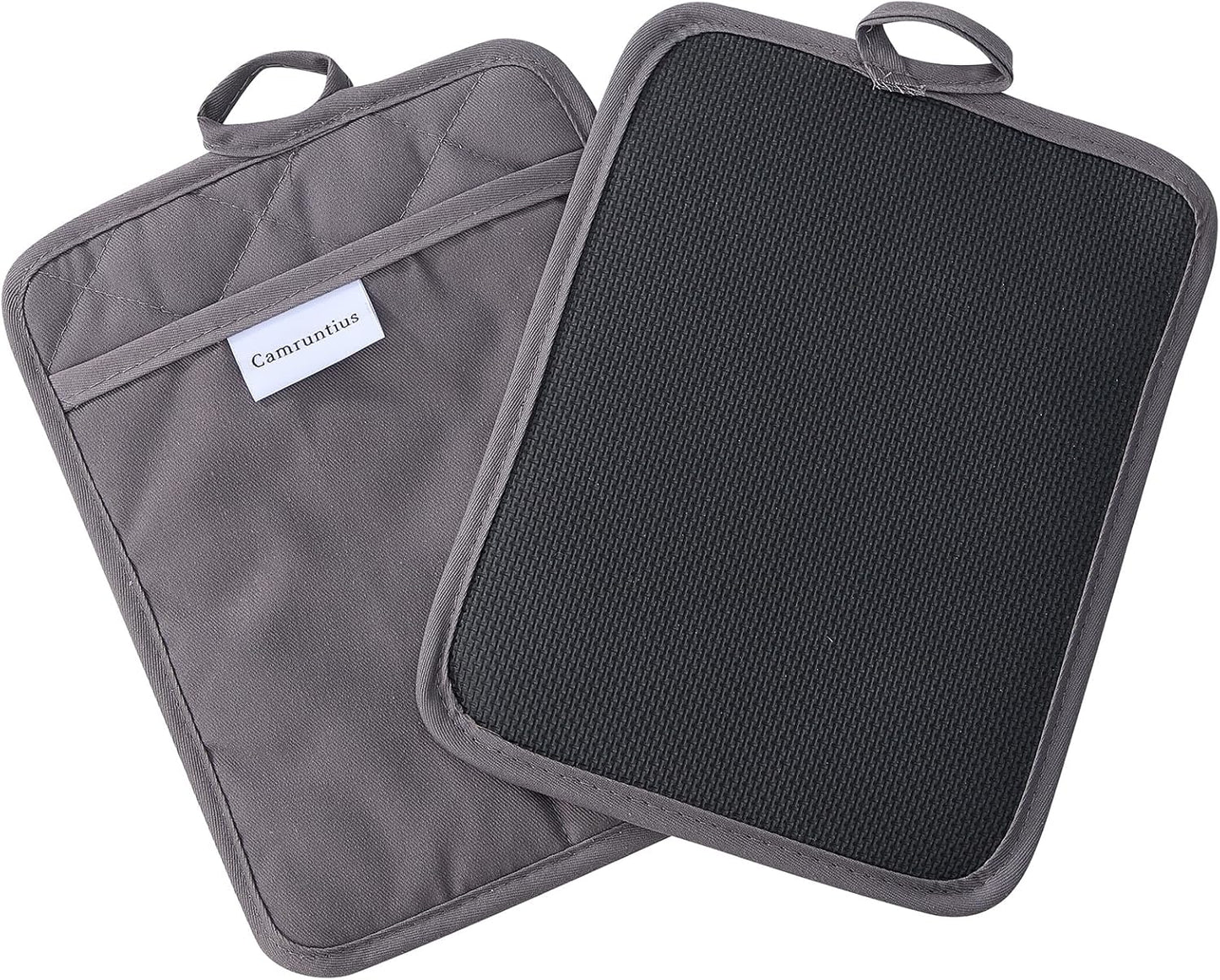 Kitchen Pot Holders, 7"x9", Rectangular with Pocket, Cotton and Neoprene Heat-Resistant Potholders for Cooking and Baking, Machine Washable, 3-Piece Set (Gray)