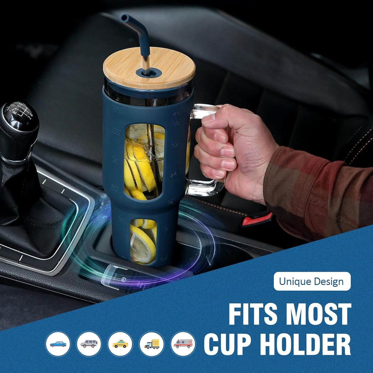 Glass Tumbler with Lid and Straw, 46 oz Iced Coffee Cup with Handle, Large Water Bottles with Silicone Sleeve, Glass Cup with Straws - Pearl Straw & Drinking Straw BPA Free-Blue