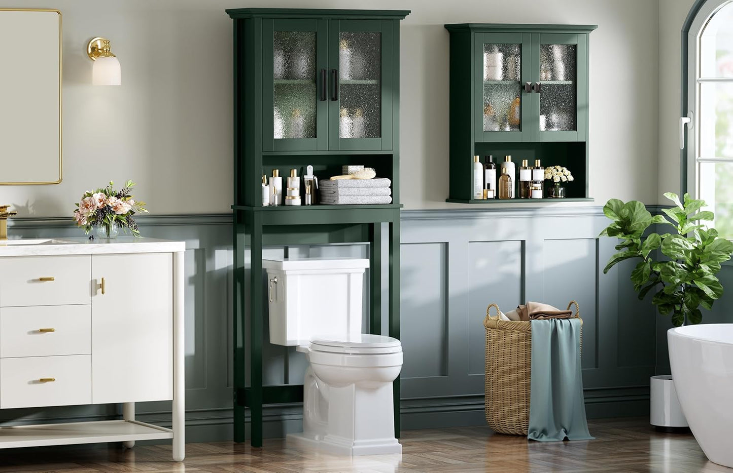 Bathroom Cabinet Wall Mount, Medicine Cabinet Over Toilet Storage Cabinet with Glass Door Build-in Spirit Level Cupboard Hanging Storage for Bathroom Laundry Kitchen Living Room (Forest Green)