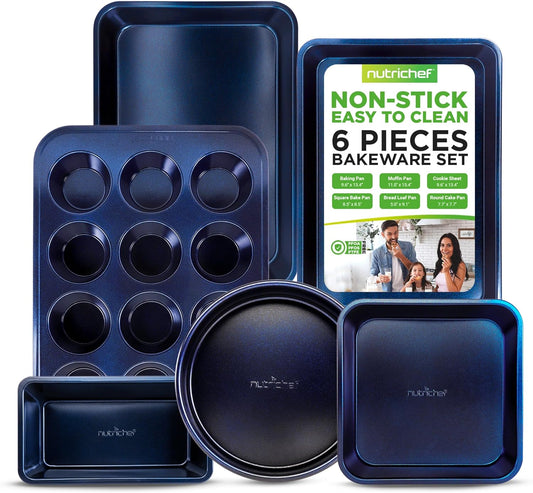 Non-Stick Kitchen Oven Baking Pans - Carbon Steel with Non-stick Blue Diamond Coating Inside & Outside, Commercial Grade Restaurant Quality Metal Bakeware, Dishwasher Safe - NutriChef NCBK6TRB