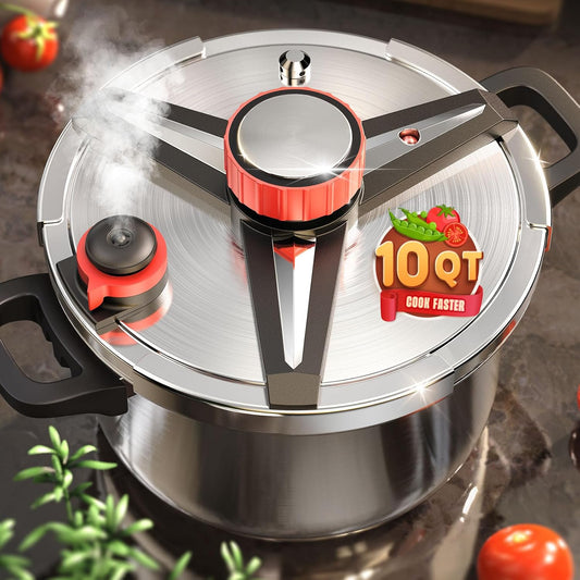 18/8 Stainless Steel Pressure Cooker 10 QT, [Save 70% Cooking Time] Olla De Presion with Food-Grade Body [One Hand Operation] Rotating Lock/Unlocking Lid System, Steam Rack Included