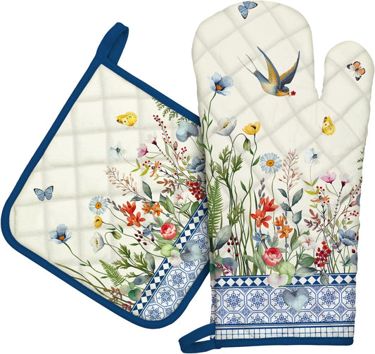 Retro Wildflowers Oven Mitts and Pot Holders Sets 100% Cotton Heat Resistant, Extra Long Oven Gloves Potholder for Kitchen Cooking Baking Housewarming