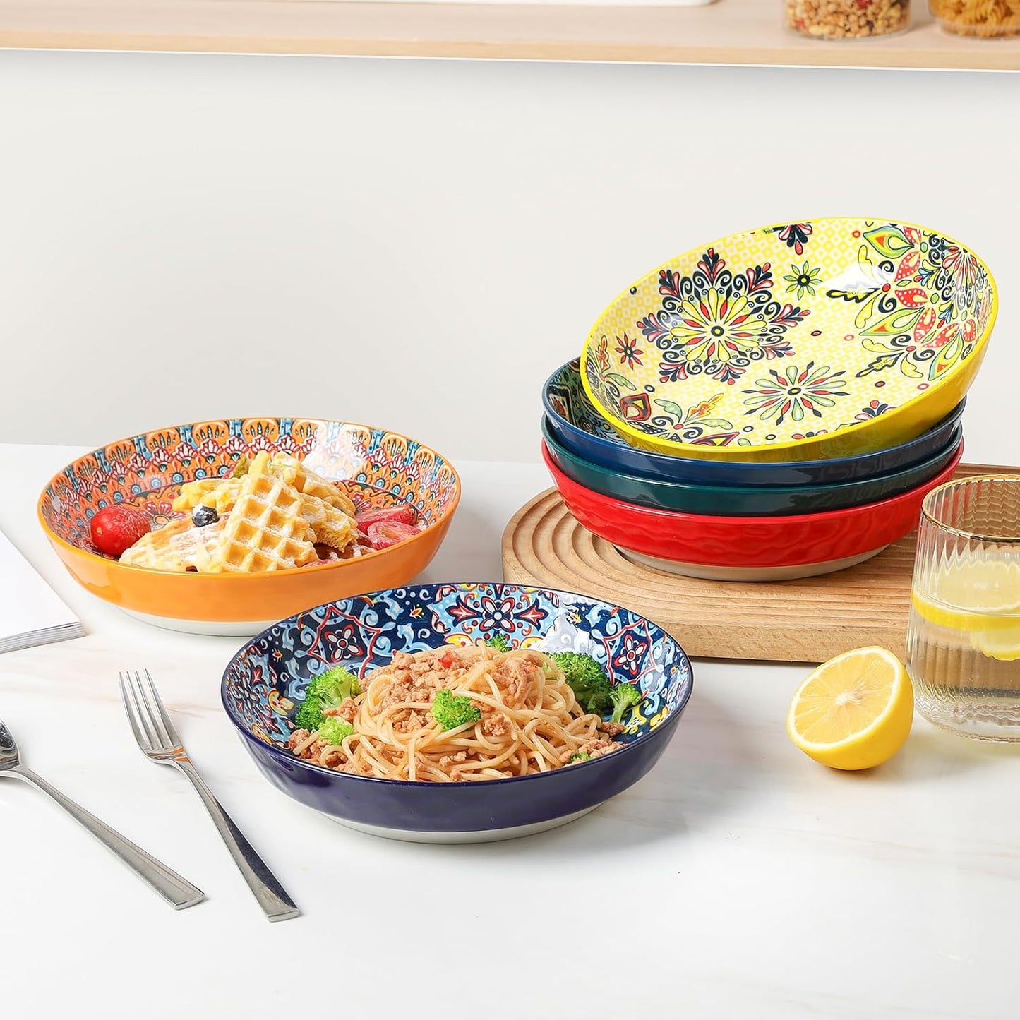 KitchenTour Pasta Bowls Set of 6-30 oz Large Wide & Shallow Serving Bowl, Colorful Ceramic Salad Bowls for Everyday Dining - 8.2 Inch, Microwave and Dishwasher Safe, Bohemian Style