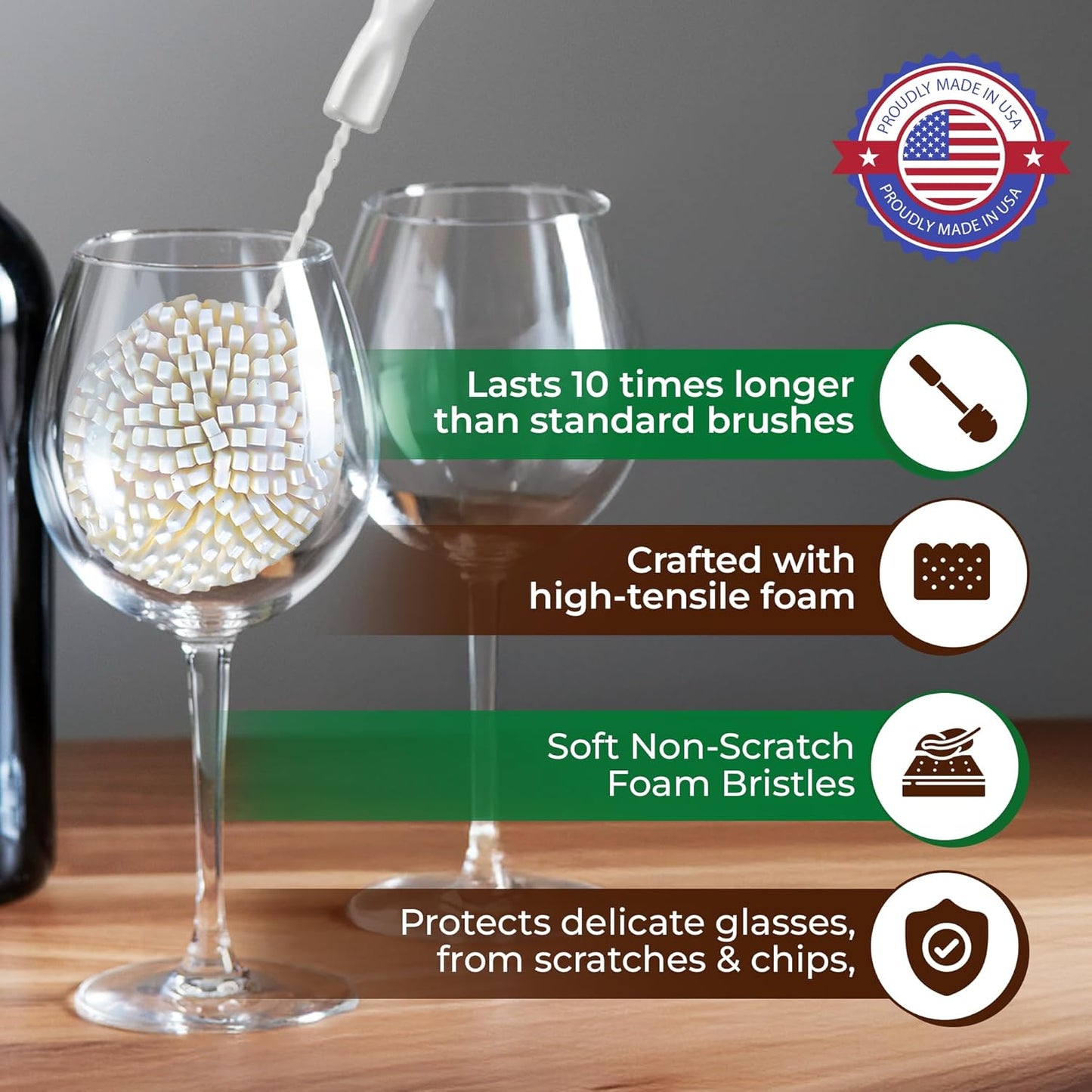 Tupkee Wine Glass Cleaning Brush – Soft Non-Scratch Foam Bristles – Goblet & Stemware Wine Glass Cleaner Brush for Glassware, Crystal, Bottle, & Mugs – Fits Tupkee 20oz Glass Tumbler – Made in the USA