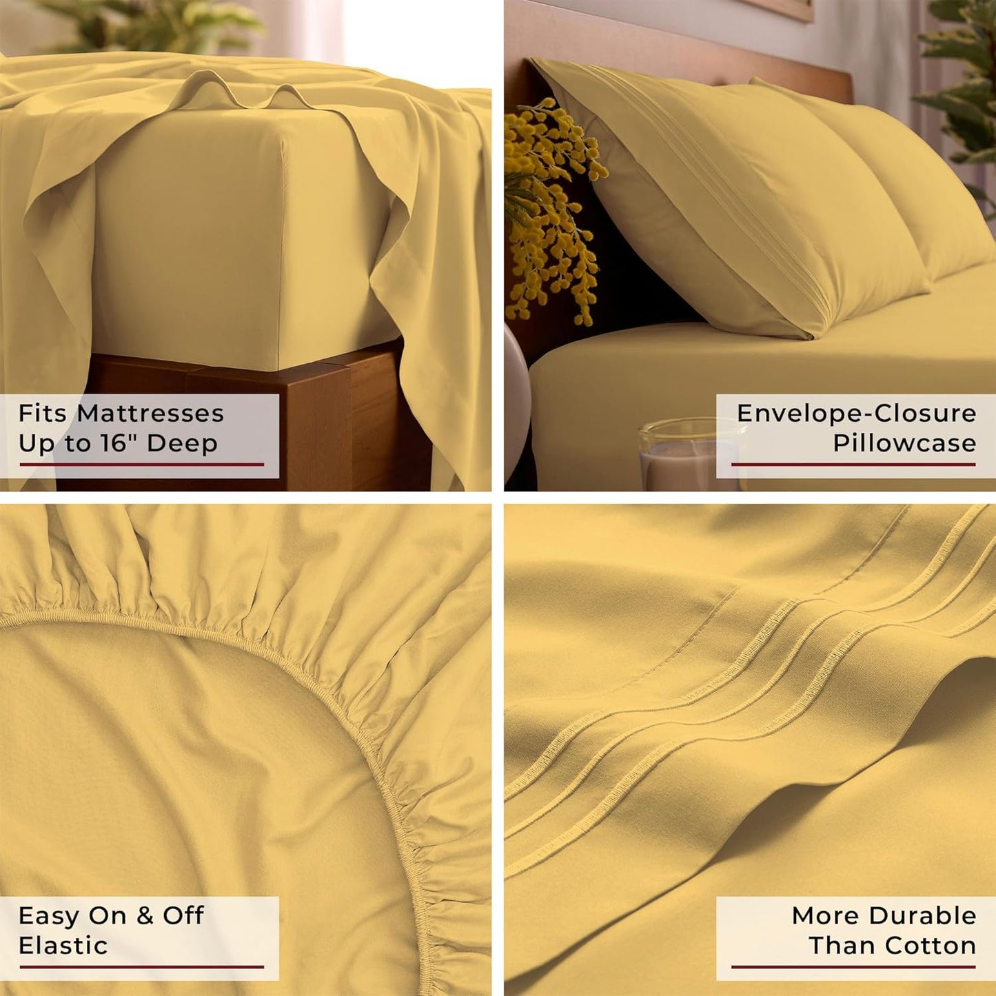 Mellanni Queen Sheets Set - 4 PC Iconic Collection Bedding - Hotel Luxury, Extra Soft, Cooling Bed Sheets - Wrinkle, Fade, Stain Resistant (Queen, Yellow)