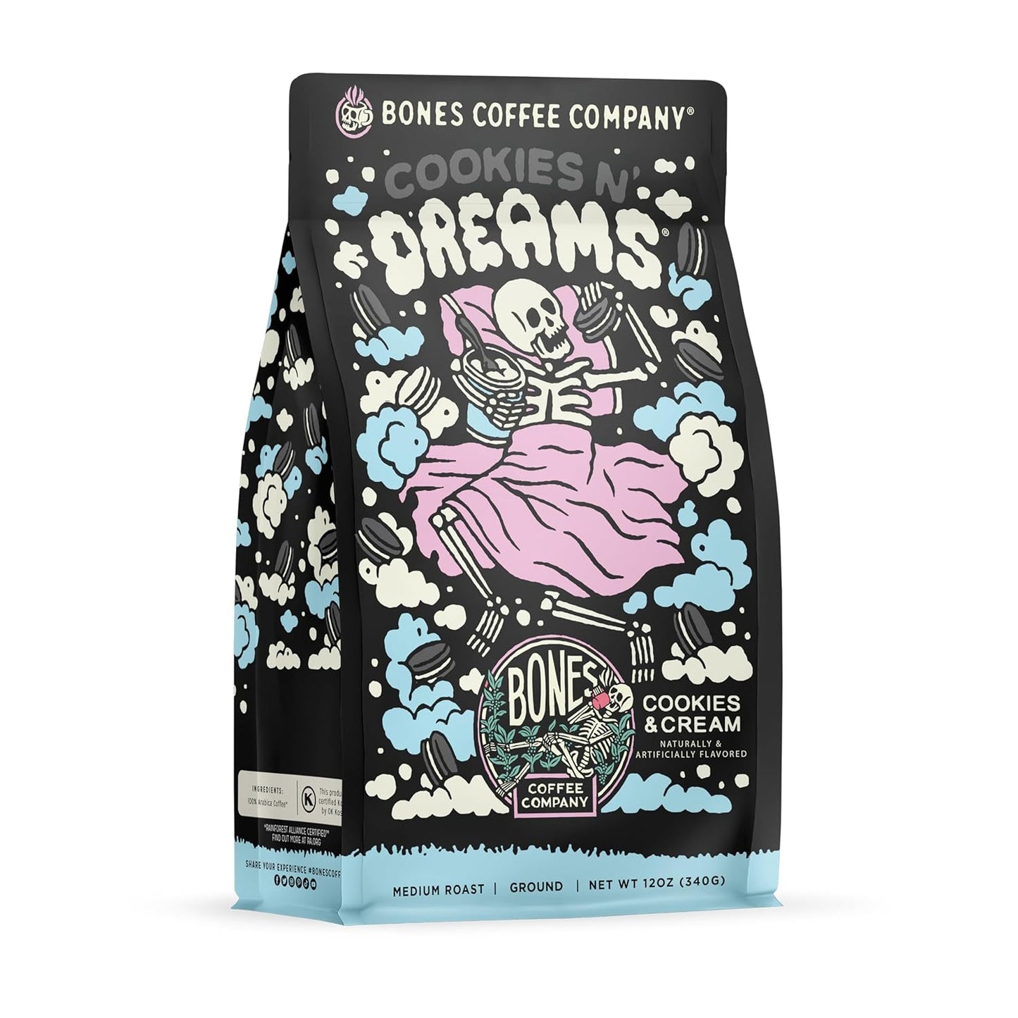 Bones Coffee Company Cookies 'N Dreams Cookies and Cream Flavored Coffee, Medium Roast Low Acid Arabica Beans Compatible with Auto drip and French Press Coffee Maker, 12 Oz Ground