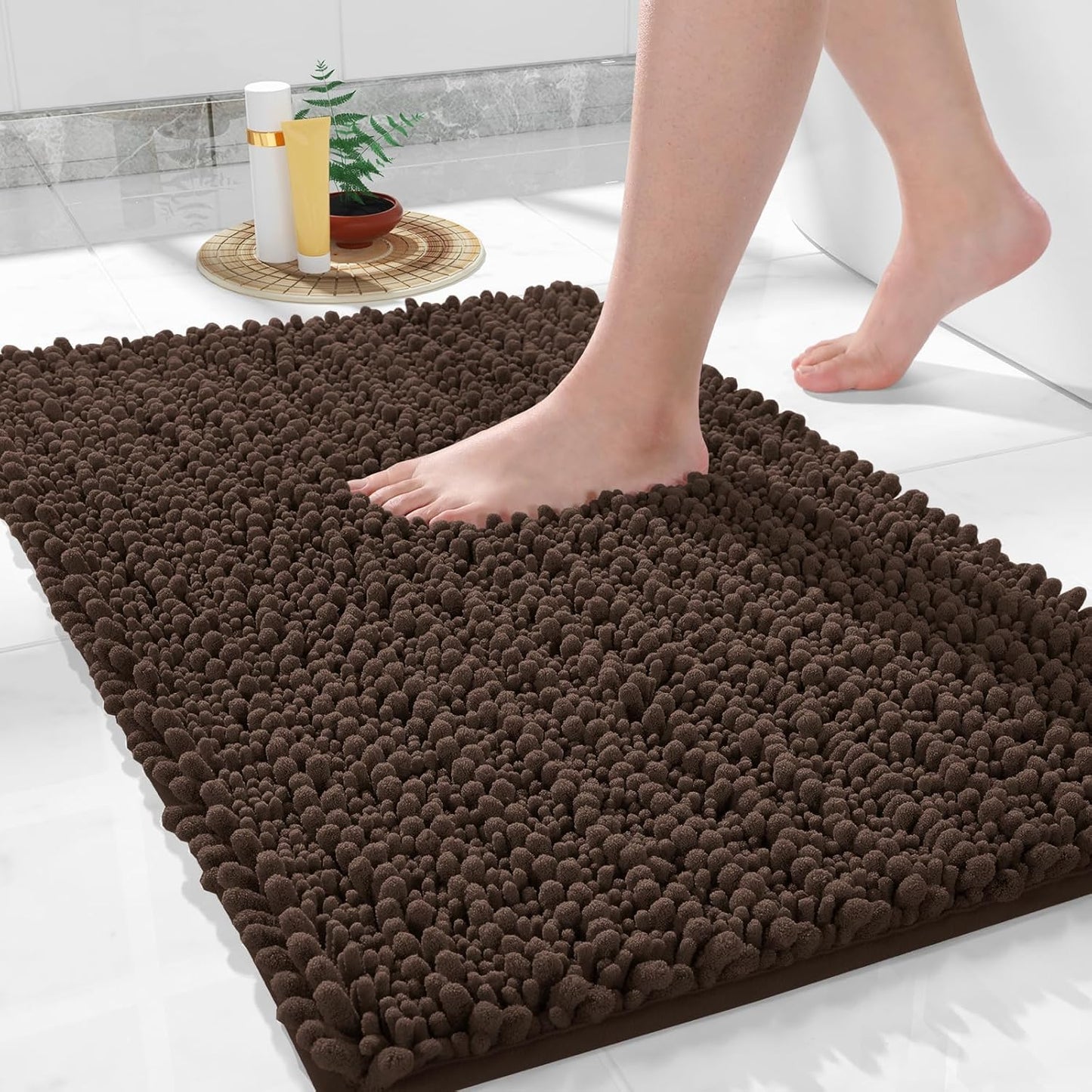 Yimobra Bathroom Rugs Non Slip Washable 32x20 Inch - Ultra Soft Absorbent Chenille Bath Mat, Quick Dry Shaggy Floor Carpet for Tub Shower, Brown Home Decor Accessories
