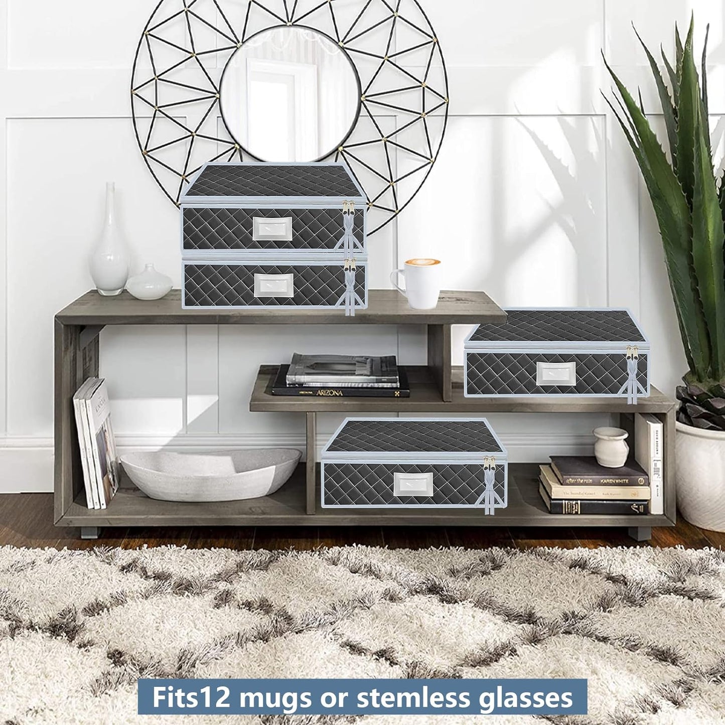 VERONLY Mug and Cup Storage Box with Dividers - 2 Pack China Storage Bin Containers Holds 24 Glassware, Stackable Coffee Mug Organizer Bin and Tea Cup with 2 Metal Zipper,Label and Handles (Grey)