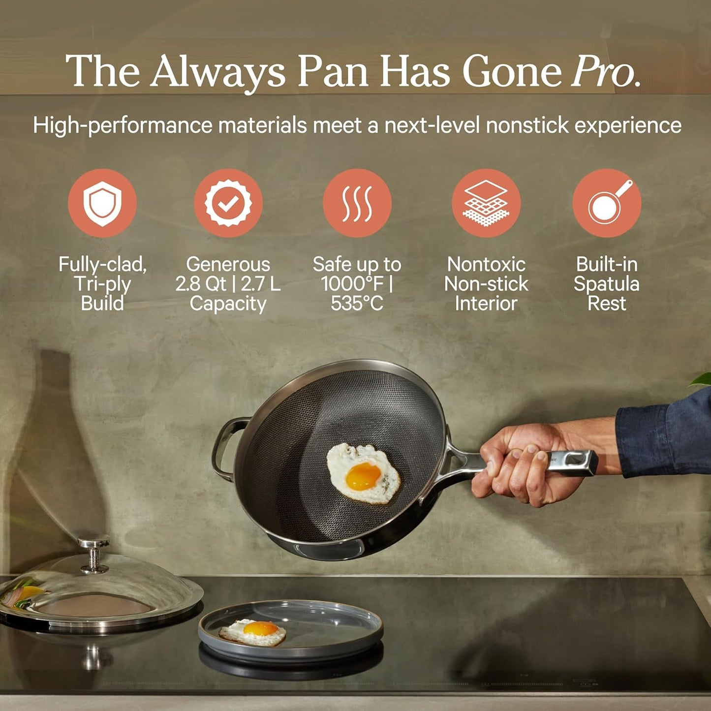 Our Place Titanium Always Pan Pro - 10.6” (2.8 Qt) No-Coating Nonstick Skillet | Tri-Ply Titanium & Stainless Steel | Safe for Oven, Induction & All Cooktops up to 1000°F | Includes Spatula | Chrome