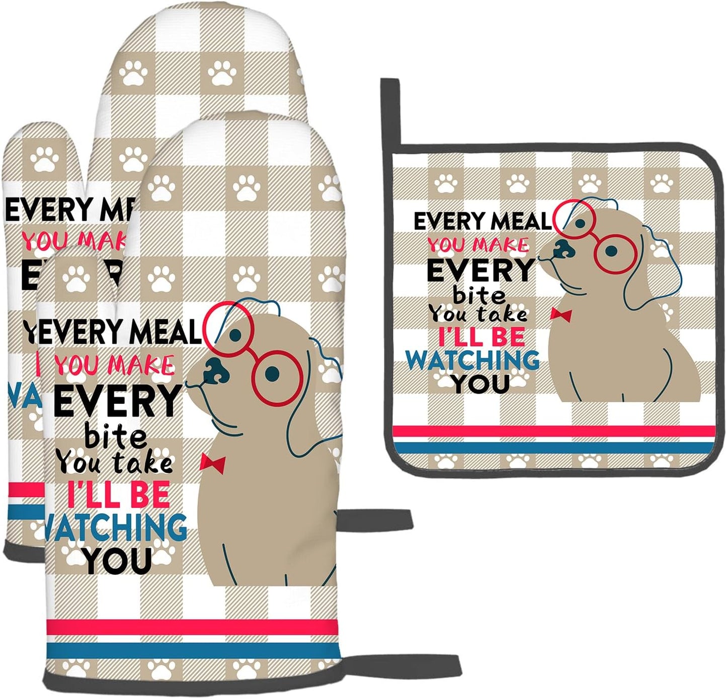 Funny Dog Oven Mitts and Pot Holders Sets of 3 Heat Resistant Hot Pads Cute Oven Gloves for Cooking Grilling Baking Kitchen Decor, Kitchen Gifts for Cooks Baker Cooking Lover Women