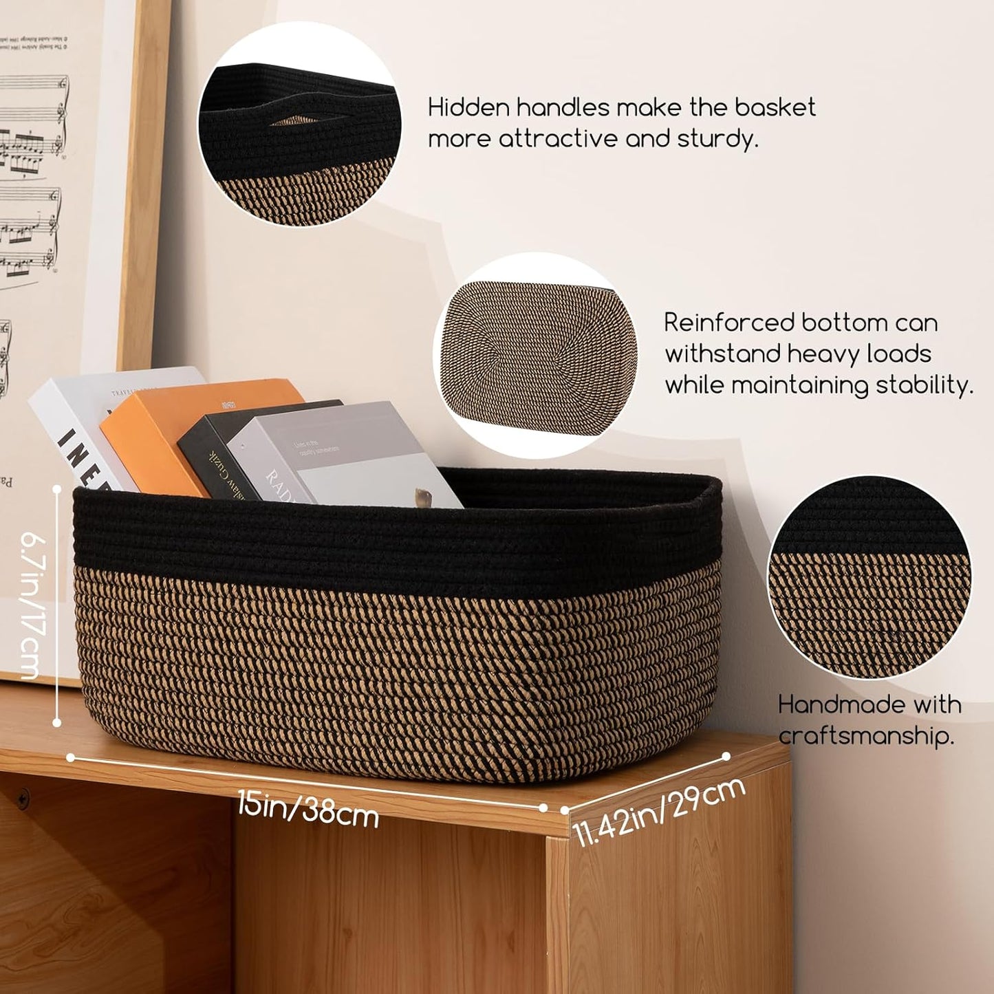 Storage Baskets for Organizing 3 Pack, Woven Baskets for Shelves, Closet Organizer Bins Empty Gift Basket Toy Storage for Toys, Books, Towels, Clothes, 15"x11.42"x6.7", Black & Yellow