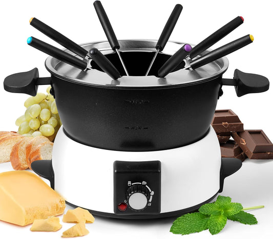 3-Quart Electric Fondue Pot Set – Stainless Steel Fondue Pot with 8 Color-Coded Forks, 3-Mode Adjustable Temperature Control for Cheese, Chocolate, Oil, and Hotpot, Model FD-10B