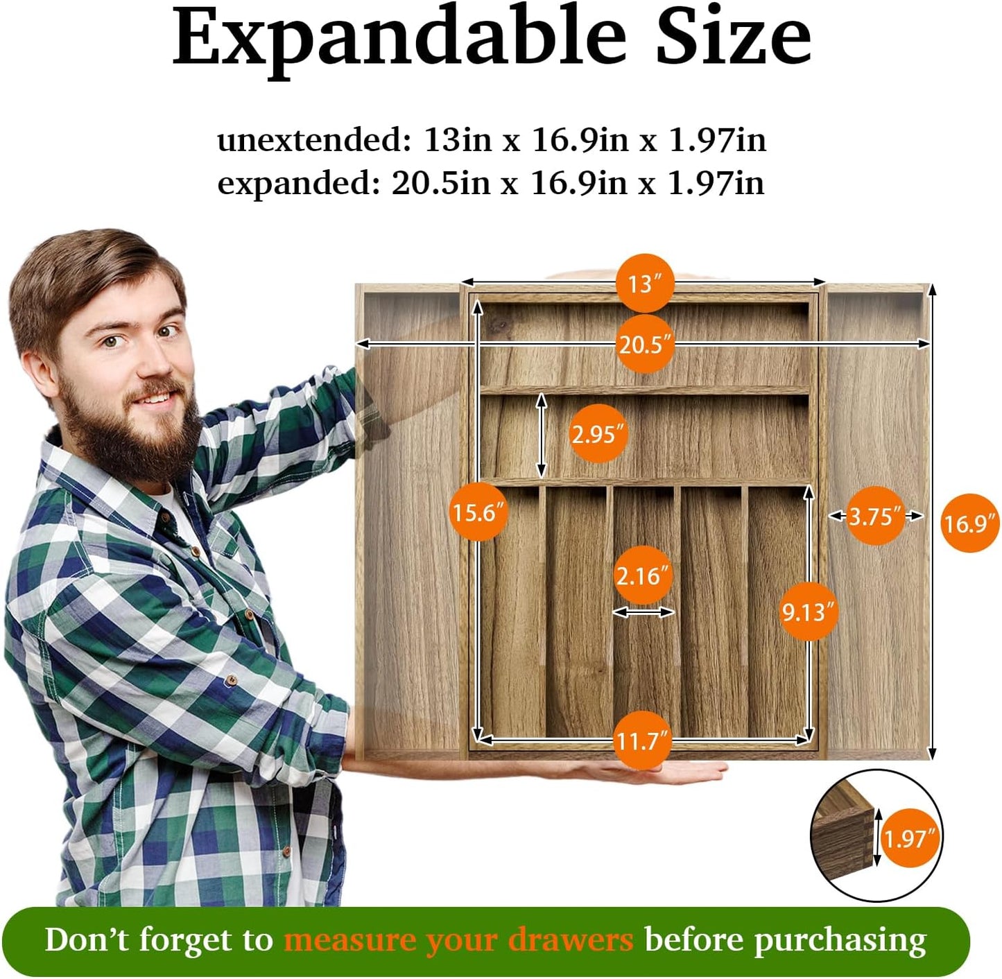 Acacia Wood Kitchen Silverware Drawer Organizer, Expandable Utensil Cutlery Drawer Organizer with Dividers, Flatware Organizer Silverware Tray for Spoon, Fork, 13''-20''x16.9'' (7-9 Slots)