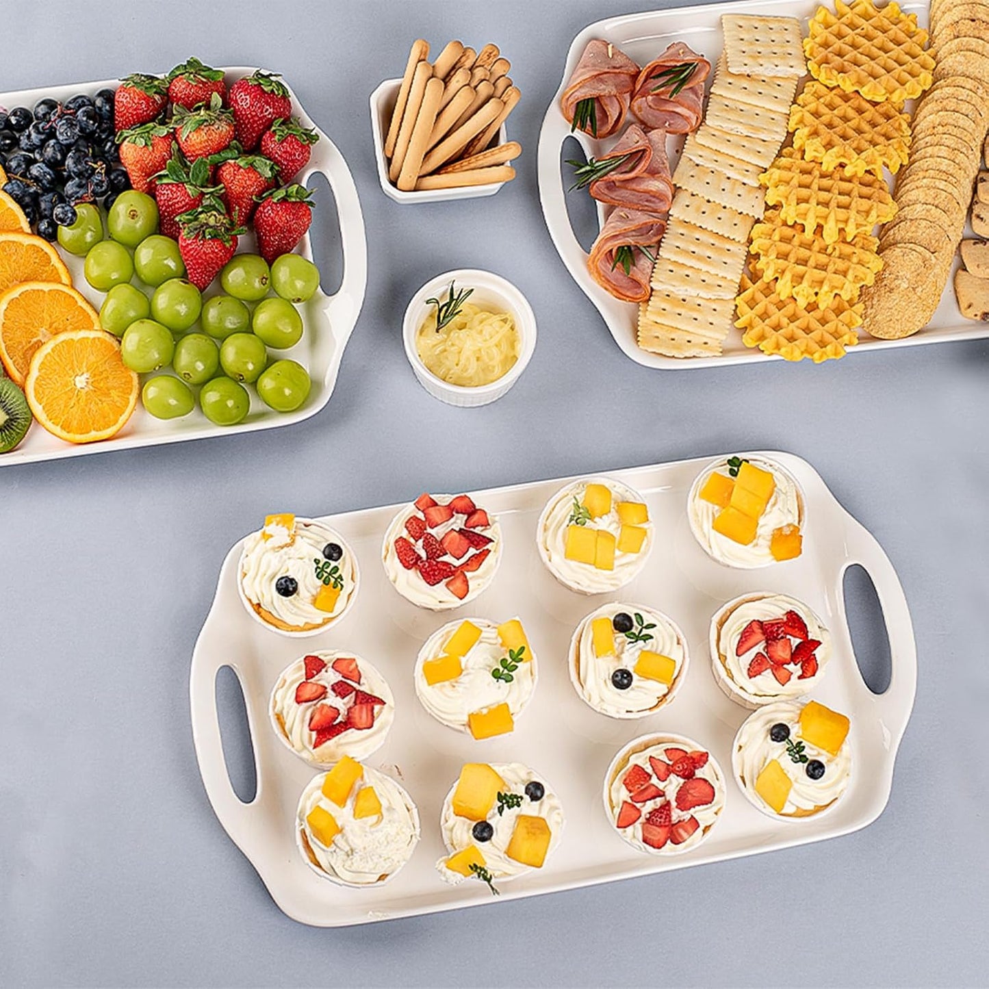 Serving Tray with Handles, 16"x 9.5" Large Serving Platter, White Porcelain Platters for Serving Food, Serving Platters and Trays for Parties, Entertaining, Dessert, Fruit, Turkey, 3-Pack, Rectangle