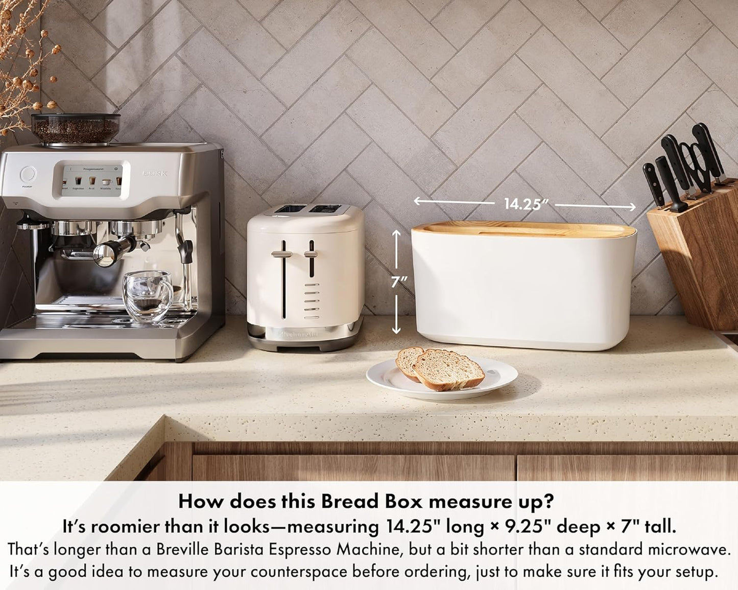 Sonder Los Angeles, Modern Bamboo Fiber and Recycled Plastic Bread Box (White) for Kitchen Countertop with Reversible Cutting Board Lid, Homemade Bread Bin Storage Container 14.25 x 9.25 x 7 in