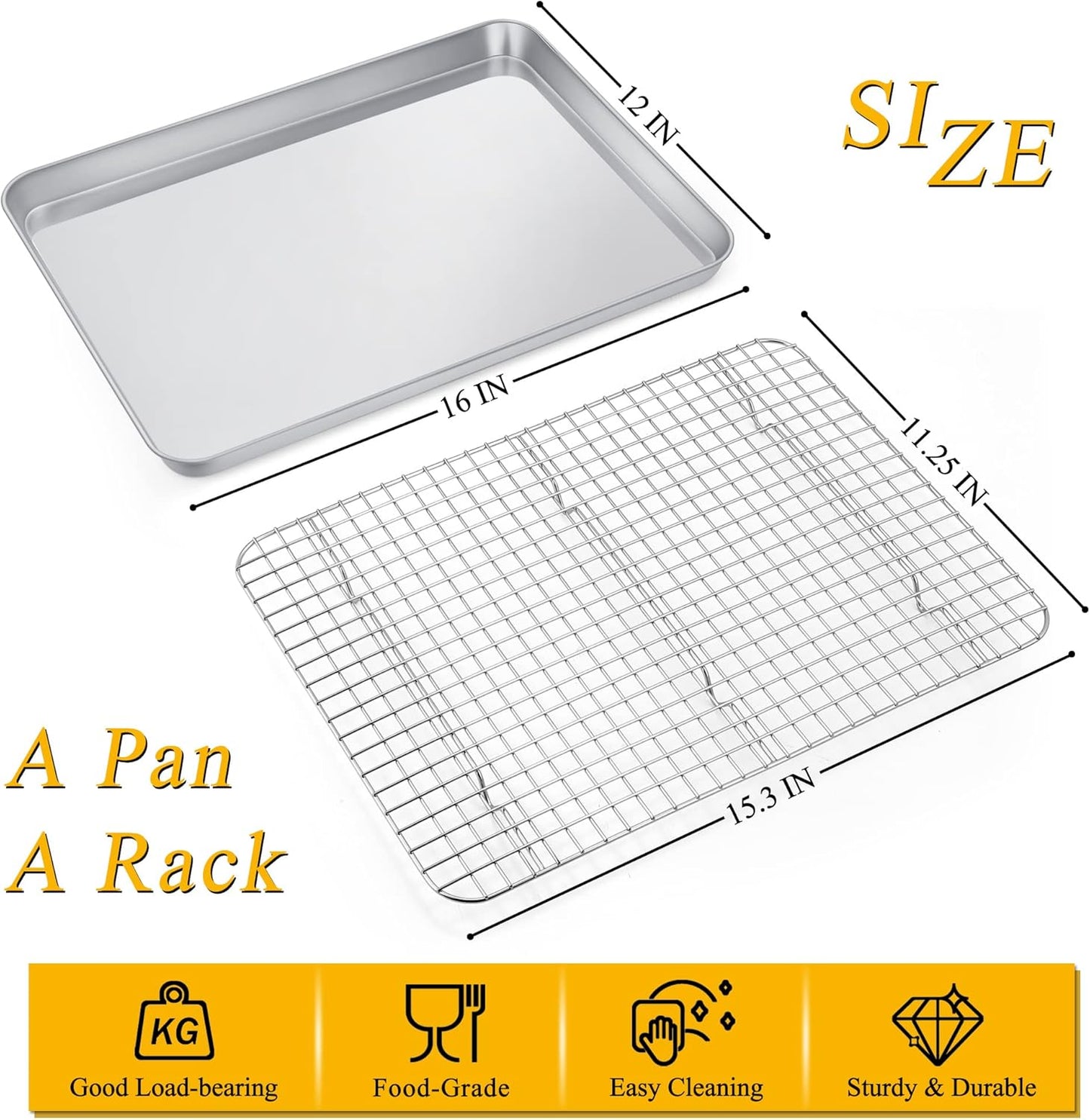 P&P CHEF 16 Inch Baking Sheet and Rack Set, Stainless Steel Cookie Sheets Oven Baking Pans Trays with Cooling Racks for Cooking & Roasting, Oven & Dishwasher Safe, (2Pcs)