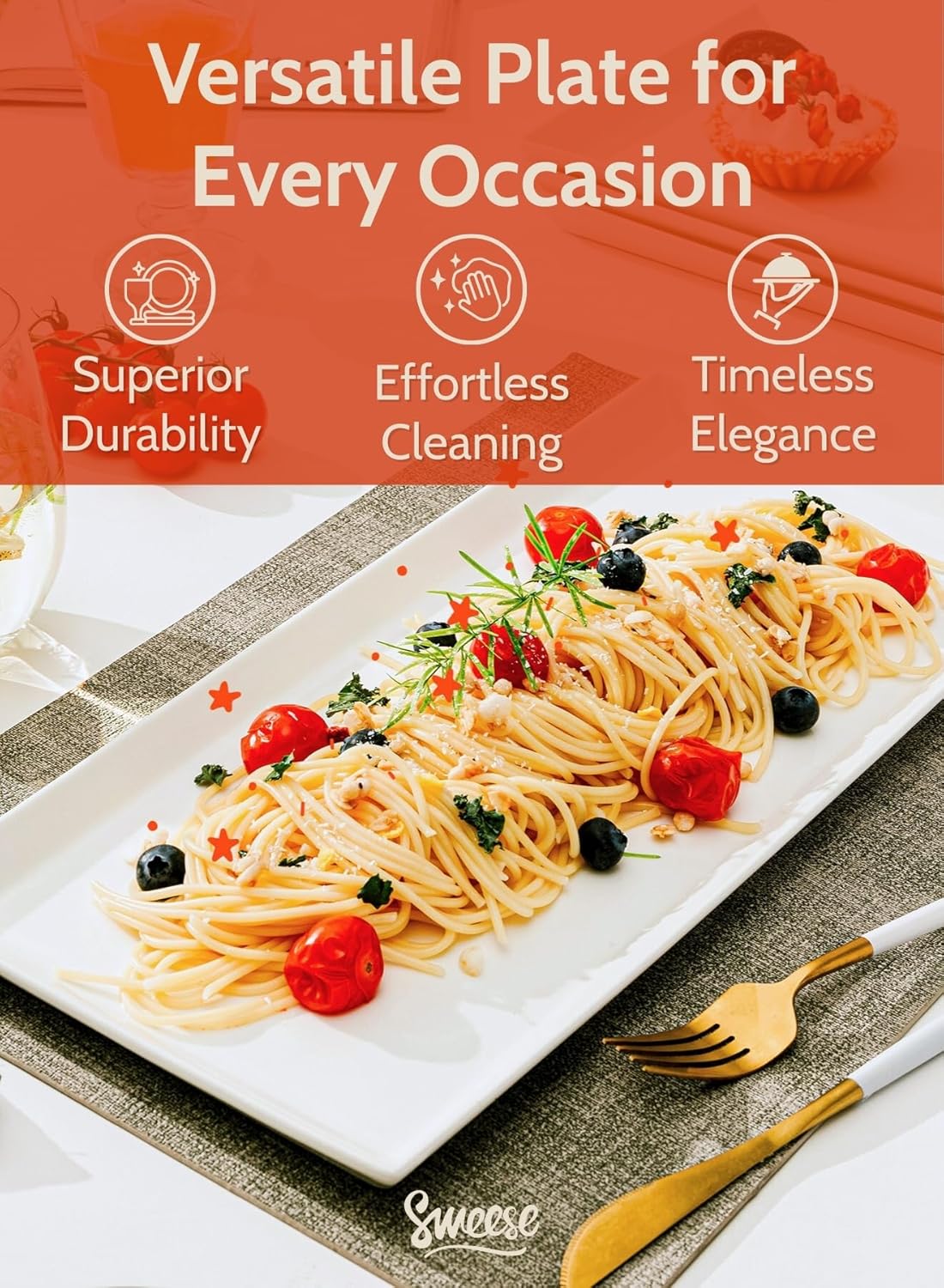 Sweese White Serving Platters, Porcelain Serving Trays for Parties, Large Rectangular Plates - 15.5 Inch, Set of 4