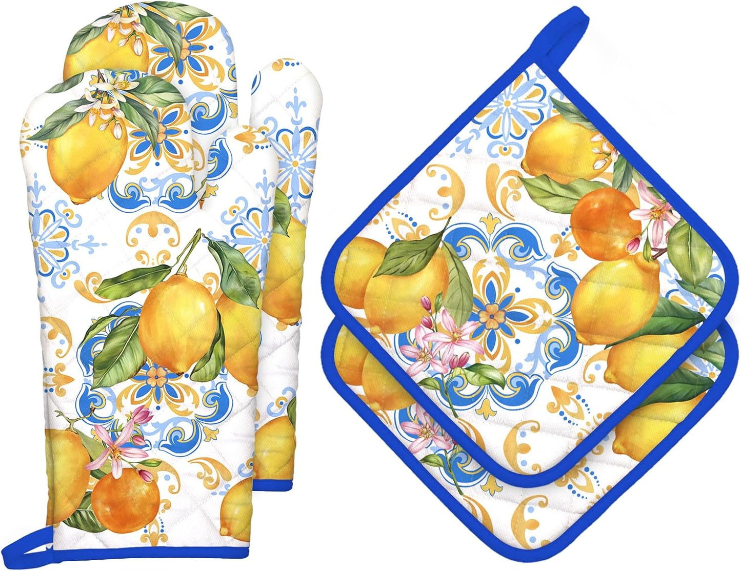 Summer Lemon Oven Mitts and Pot Holders Sets 4Pcs, 100% Cotton Heat Resistant, Extra Long Oven Gloves Potholder for Kitchen Cooking Baking Decoration