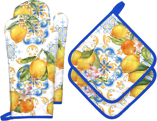 Summer Lemon Oven Mitts and Pot Holders Sets 4Pcs, 100% Cotton Heat Resistant, Extra Long Oven Gloves Potholder for Kitchen Cooking Baking Decoration
