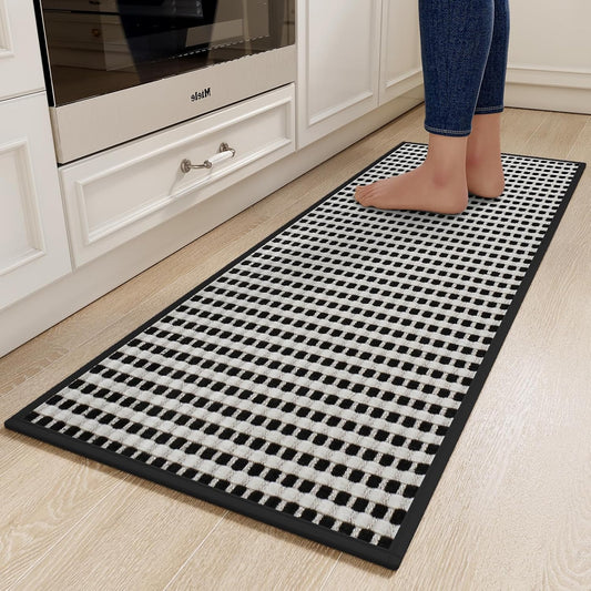 Kitchen Runner Rugs Non Slip Washable, Super Absorbent Soft Chenille Braided Kitchen Mats for Floor Rubber Backing Sink Mat Standing Hallway Floor Mat, Easy Clean, Black 17"x59"