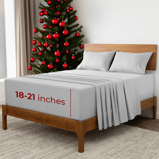 Mellanni Extra Deep Split King Sheets - 5 PC Iconic Collection Bedding - Hotel Luxury, Ultra Soft, Cooling Bed Sheets - Wrinkle, Fade, Stain Resistant (Split King, Light Gray)