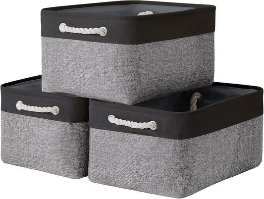 TcaFmac Storage Bins for Organization - Large 3 Pack Fabric Storage Basket for Shelves with Handles, Organizer Baskets for Organizing for Closet Cloth Dog Toy Baby (Black& Grey 16x12x8 inch)