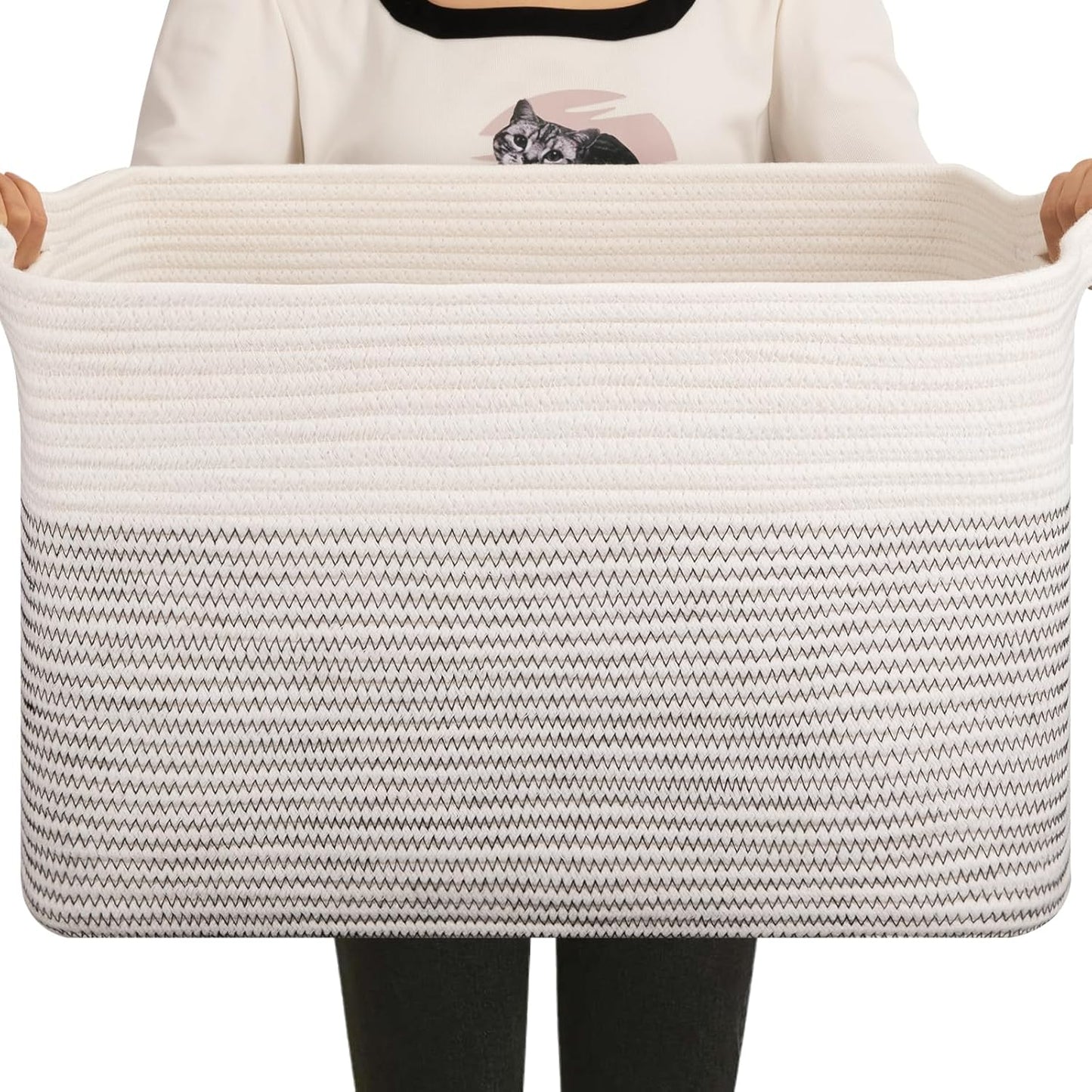 OIAHOMY 65L Blanket Basket, Cotton Rope Woven Blanket storage for Living Room, Rectangle Woven Baskets for Storage, 20''×16''×12'', Black and White