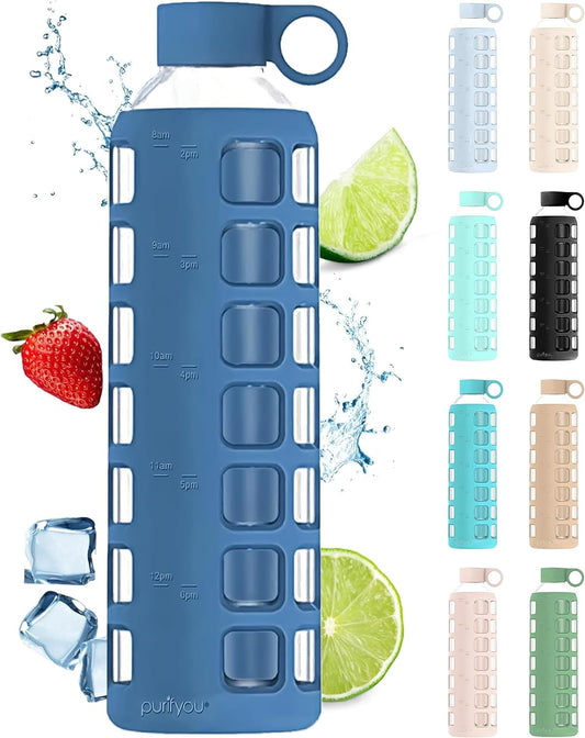 purifyou Premium 40/32 / 22/12 oz Glass Water Bottles with Times to Drink and Volume, Silicone Sleeve & Stainless Steel Lid Insert, Reusable for Fridge Water, Fruit Juice (32oz Chinese Porcelain)