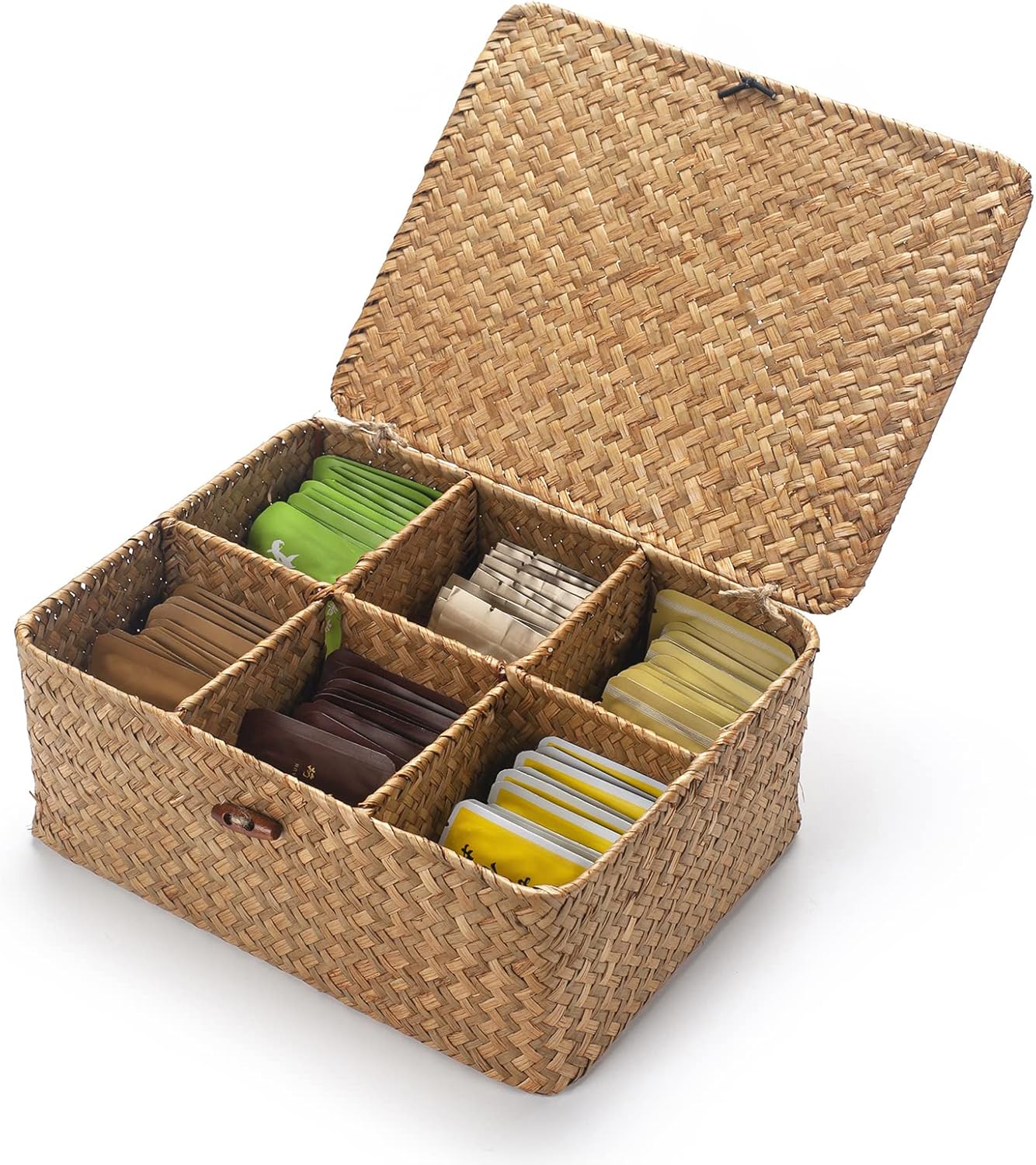 Tea Bag/Sugar Packet Holder, Coffee Station Condiment Organizer, Seagrass Storage Basket, Wicker Rattan Divided Basket Organizer for Drawer/Shelf/Countertop