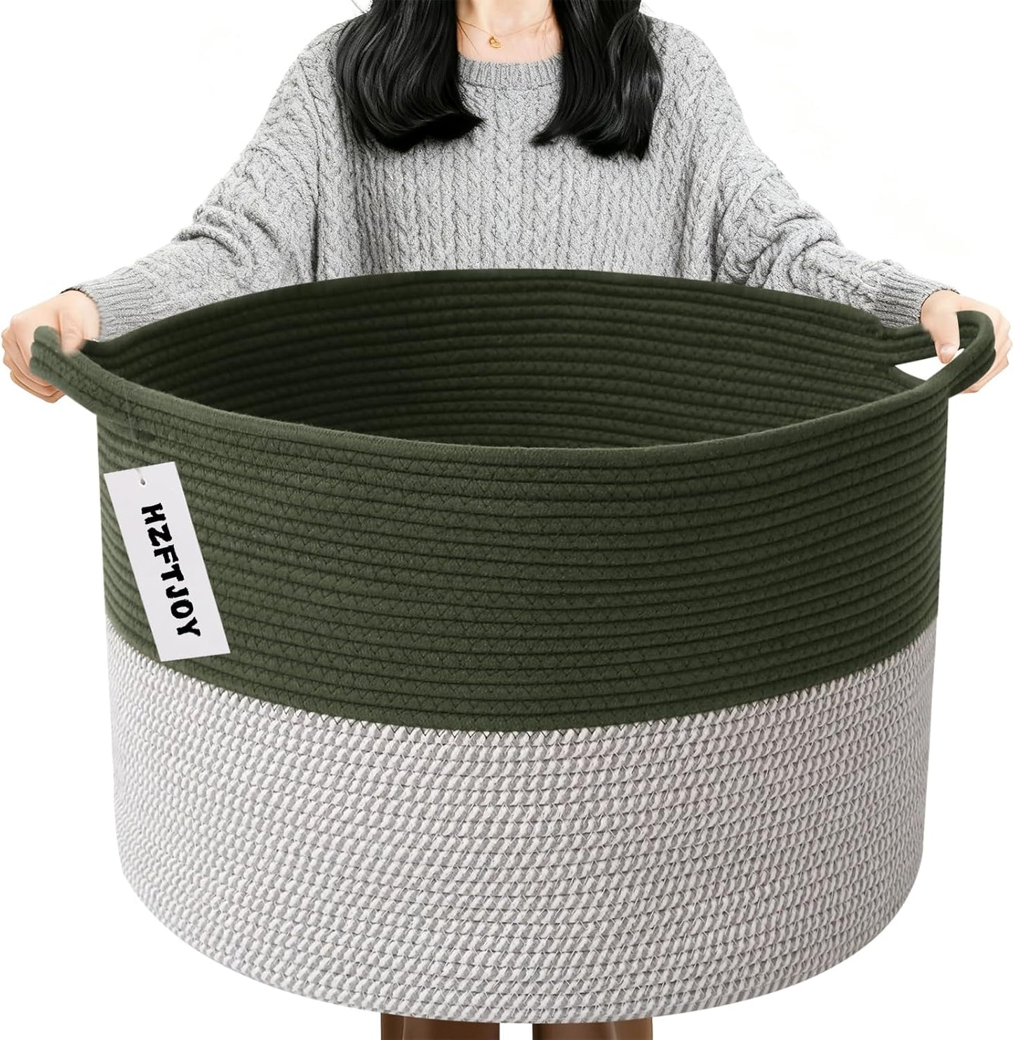 Large Blanket Basket for Organizing,115L Closet Organizers and Storage Bins Box for Shelves Woven Rope Storage Baskets,Living Room,Bedroom,Dorm,Laundry room (Green&White)