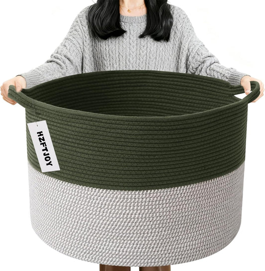 Large Blanket Basket for Organizing,115L Closet Organizers and Storage Bins Box for Shelves Woven Rope Storage Baskets,Living Room,Bedroom,Dorm,Laundry room (Green&White)