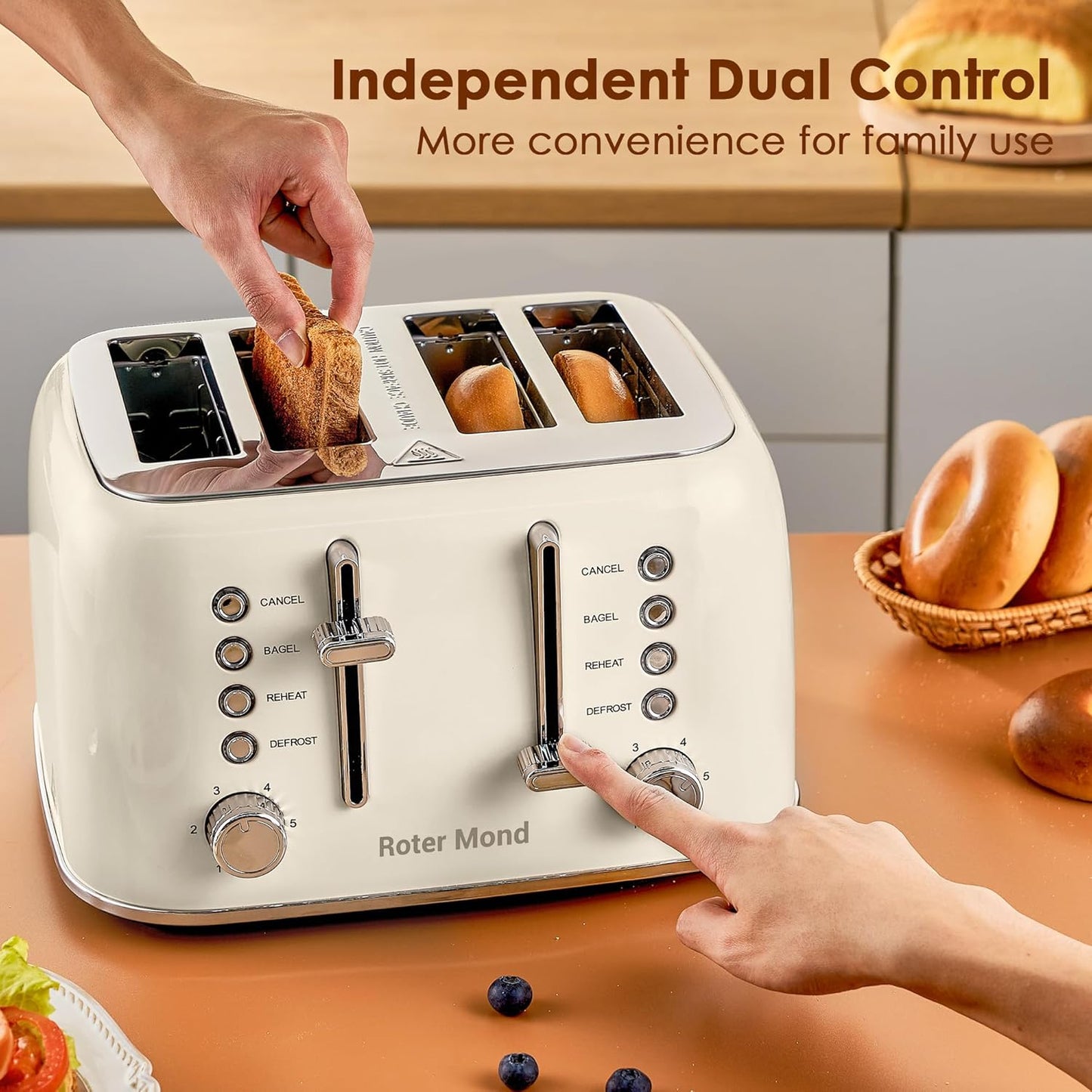 Toaster 4 Slice Retro Stainless Steel with Extra Wide Slots Bagel, Defrost, Reheat Function, Dual Independent Control Panel, Removable Crumb Tray, 6 Browning Levels, Cream White