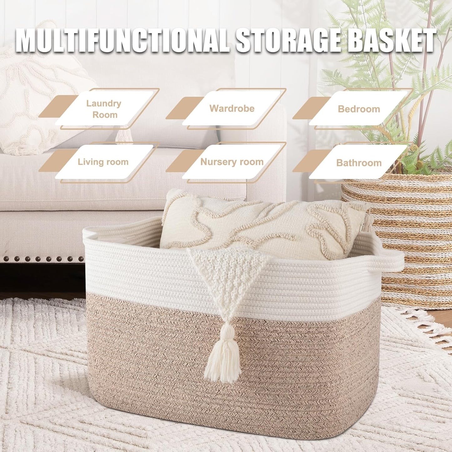 65L Large Storage Basket, Cotton Rope Woven Blanket Basket, Toy Storage for Baby Room, Living Room, Brown & White