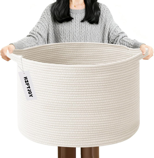 Large Blanket Basket for Organizing,65L Closet Organizers and Storage Bins Box for Shelves Woven Rope Storage Baskets,Living Room,Bedroom,Dorm,Laundry room (White)