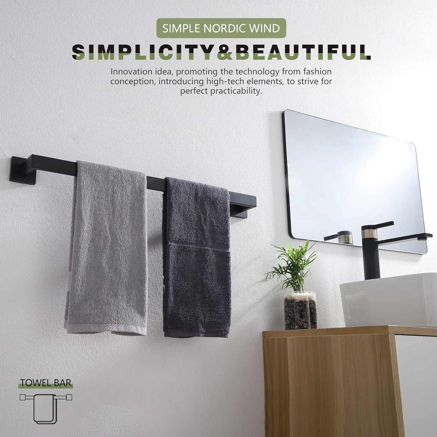 KOKOSIRI 20-Inch Single Towel Bar, Bathroom Kitchen Towel Holder, Wall Mounted SUS304 Stainless Steel Towel Rack, Matte Black, B4003BK-L20