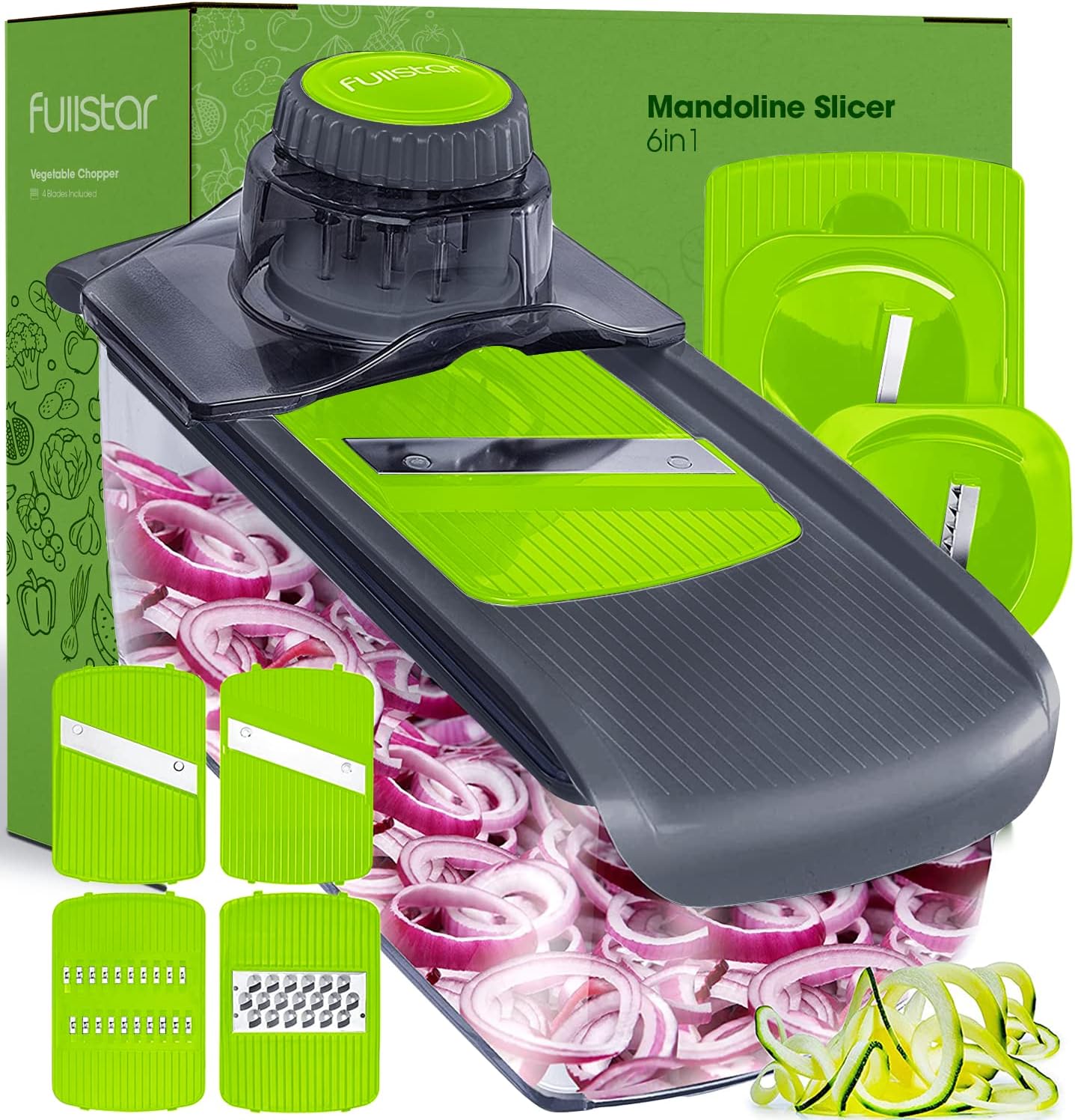Fullstar Mandoline Slicer for Kitchen, Fruit Cutter, Cheese Grater, Cucumber Slicer, Veggie Spiralizer, Food Cutter & Kitchen Gadgets with Safety Glove (6 in 1, Gray/Green)