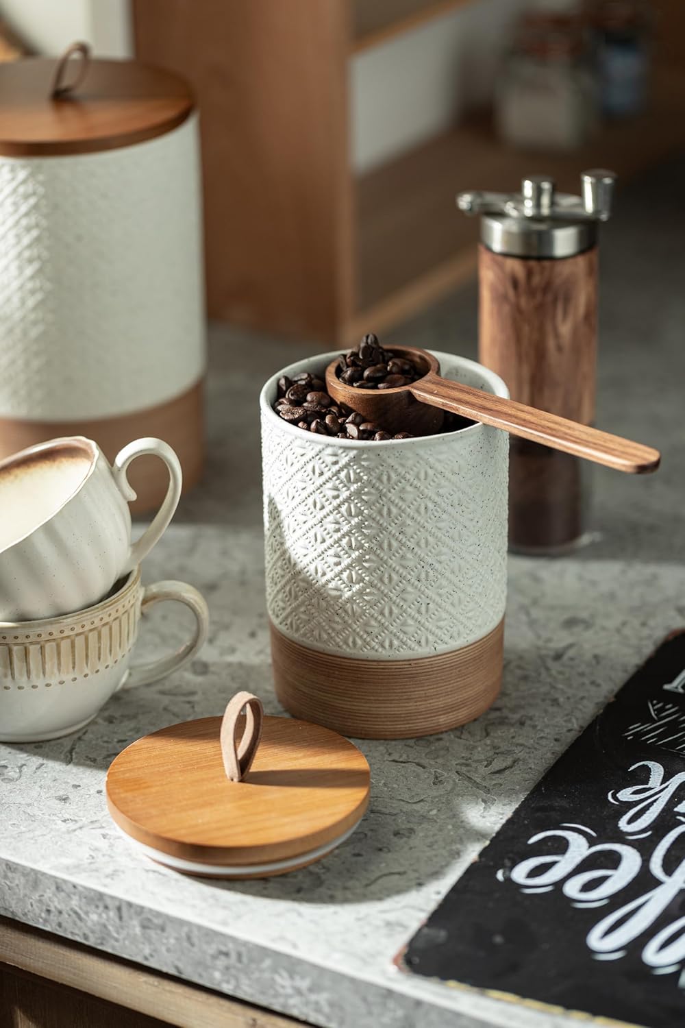 Large Jar with Lid, Ceramic Coffee Container Kitchen Food Storage Jars with Airtight Lids for Spice Cookie Ground Coffee, Decorative Jars for Coffee Countertop, Bar Accessories- White 64 fl.oz