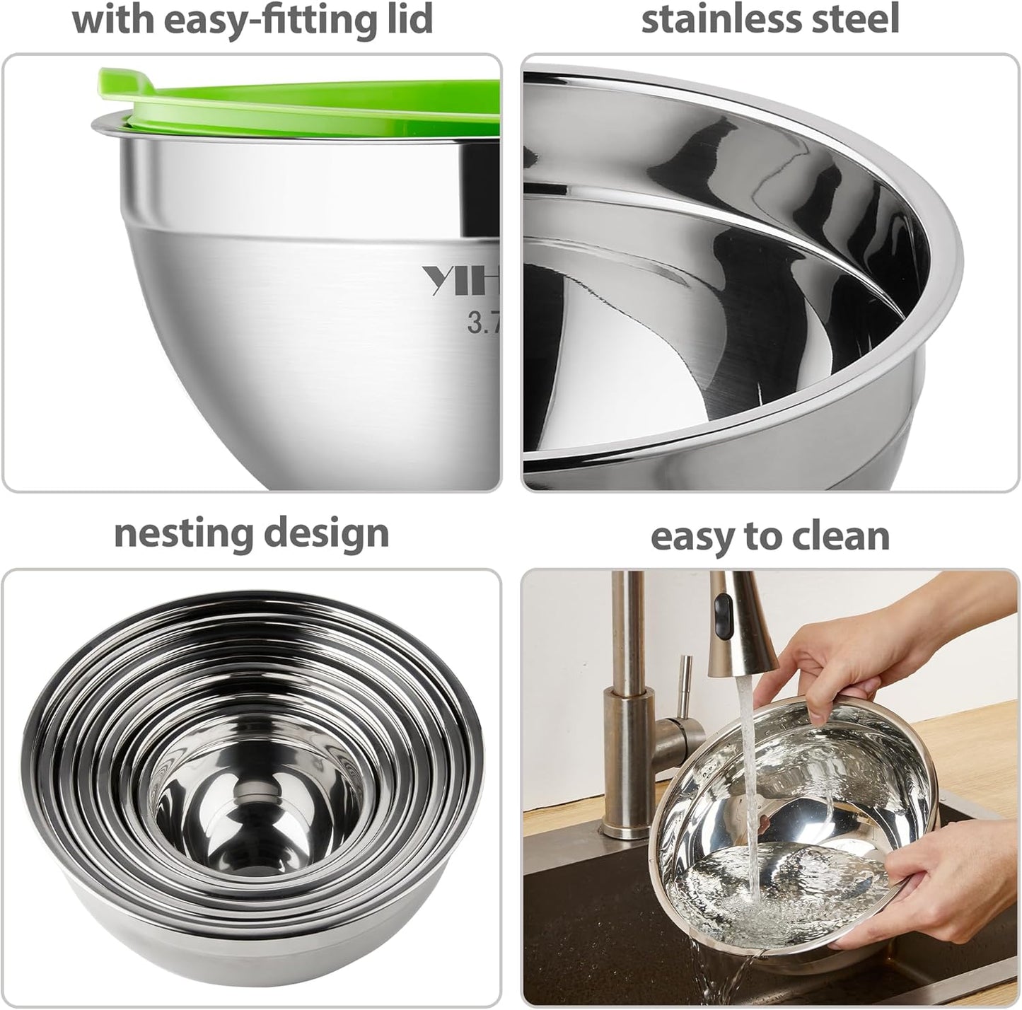 YIHONG 7 Piece Metal Mixing Bowls with Lids for Kitchen, Stainless Steel Set Ideal for Baking, Prepping, Cooking and Serving Food, Nesting Design for Space Saving Storage