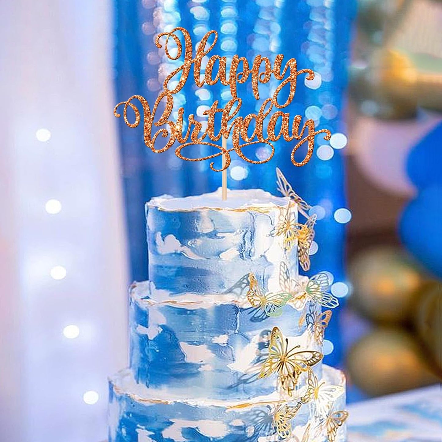 1 PCS Happy Birthday Cake Topper Glitter Happy Birthday Cake Pick Bunting Decor for Anniversary Celebrating Happy Birthday Party Cake Decorations Supplies Orange