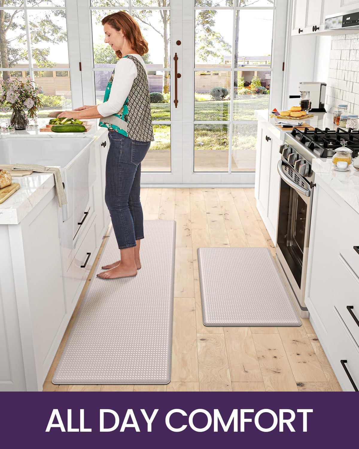 DEXI Kitchen Floor Mats Cushioned Anti Fatigue, 17x29+17x59, Large Long Standing Runner Rug Waterproof, Comfort Memory Foam Padded for Front Sink Laundry, Beige White