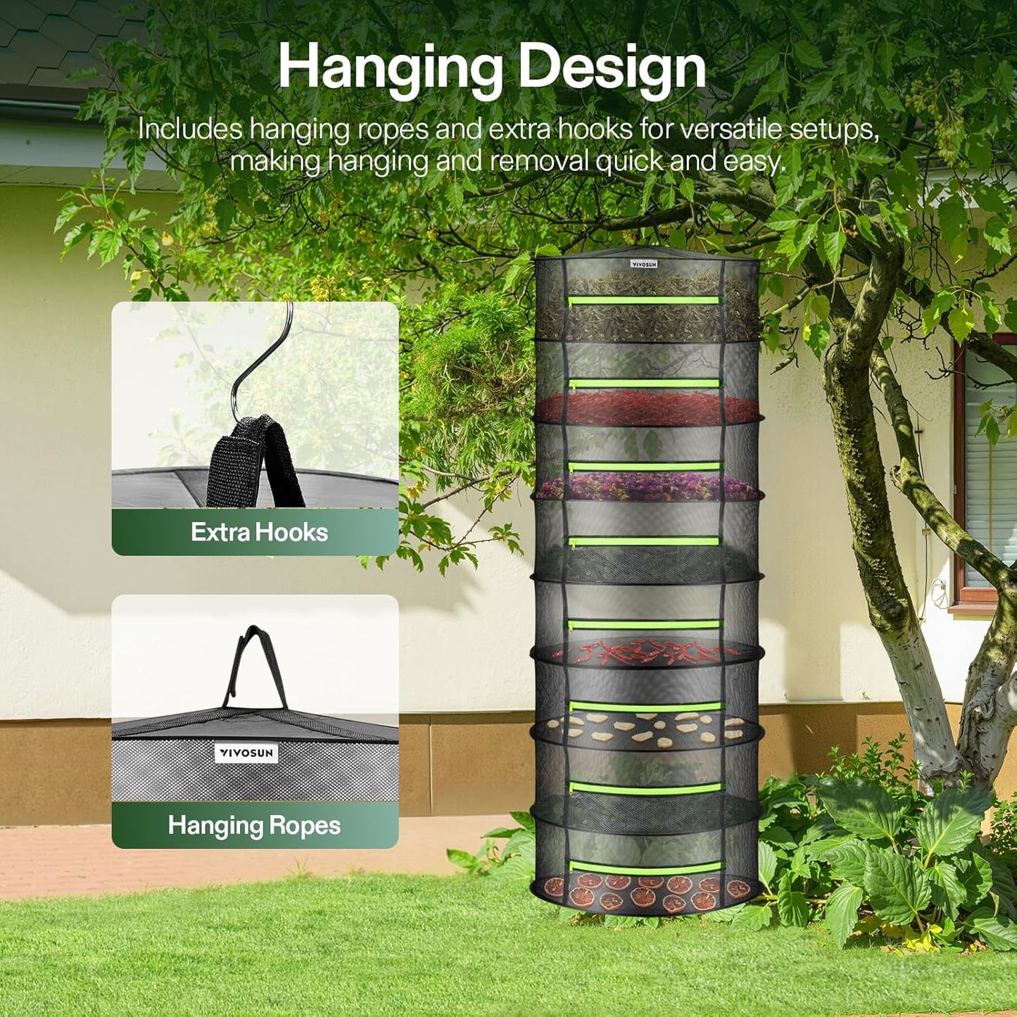 VIVOSUN 2-Pack 8-Layer Mesh Drying Rack Hanging Design with Green Zippers for Dehydrating, Indoor and Outdoor (Pruning Shears Included)