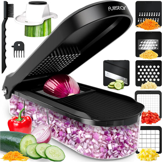 Fullstar Mandoline Slicer for Kitchen - Vegetable Chopper, Onion Potato Food Veggie Fruit Slicer and Cutter with Container, Kitchen Gadgets & Accessories, Home Essentials (6-in-1, Black)