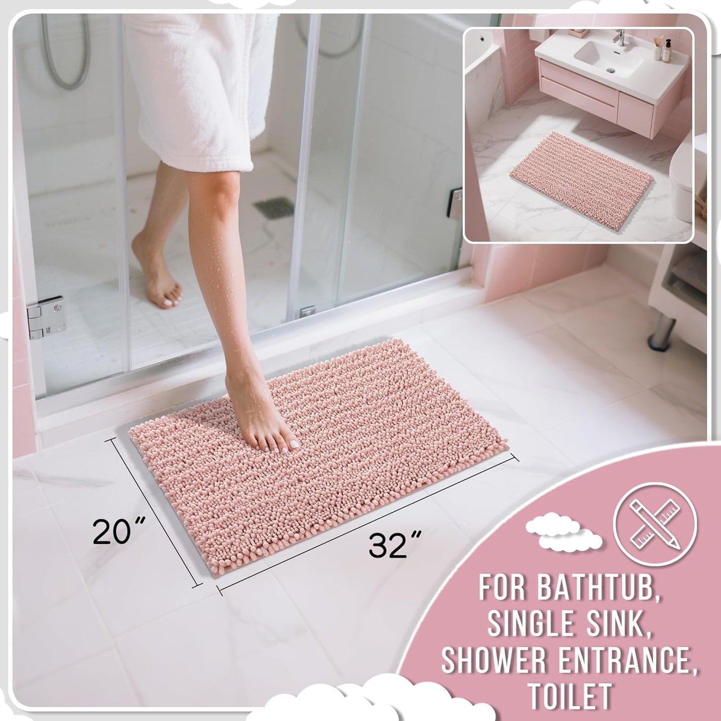 Yimobra Bathroom Rugs Non Slip Washable 32x20 Inch - Ultra Soft Absorbent Chenille Bath Mat, Quick Dry Shaggy Floor Carpet for Tub Shower, Light Pink Home Decor Accessories