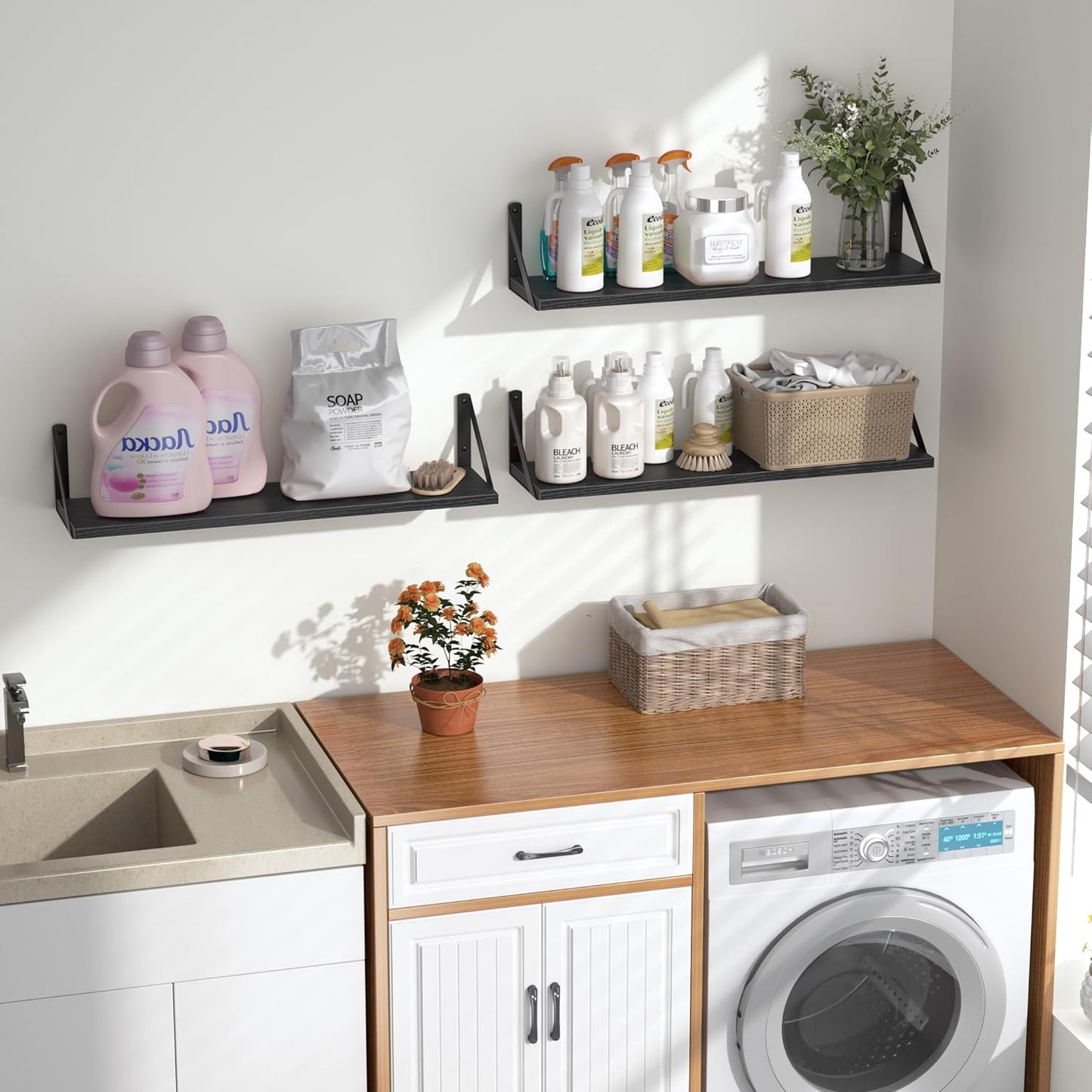 Heimlove Floating Shelves for Wall, 24 Inch Long Wood Floating Shelves Set of 3, Wall Mounted Hanging Shelf for Bathroom Bedroom Kitchen, Black