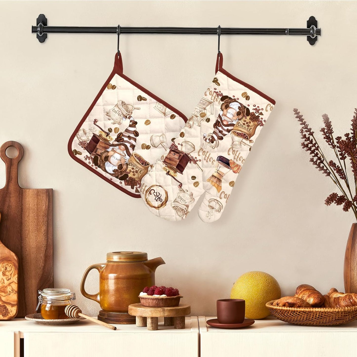 Coffee Gnome Oven Mitts and Pot Holders Sets 2Pcs, 100% Cotton Heat Resistant, Extra Long Oven Gloves Potholder for Kitchen Cooking Baking Decoration